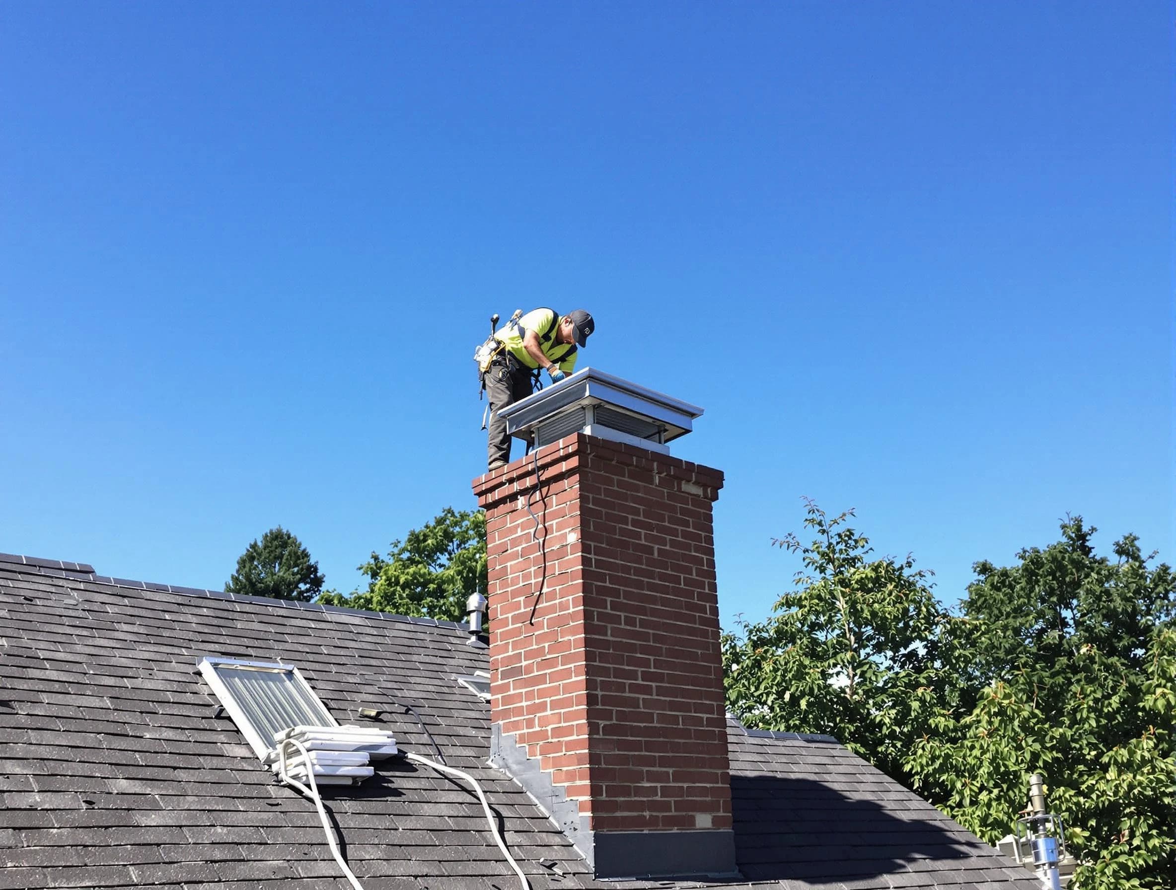 West Point Chimney Sweep technician measuring a chimney cap in West Point, VA